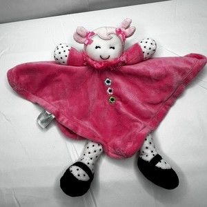Okie Dokie Pink Hair Girl Plush Doll Lovey Rattle Flower Dress Black Polka Dots